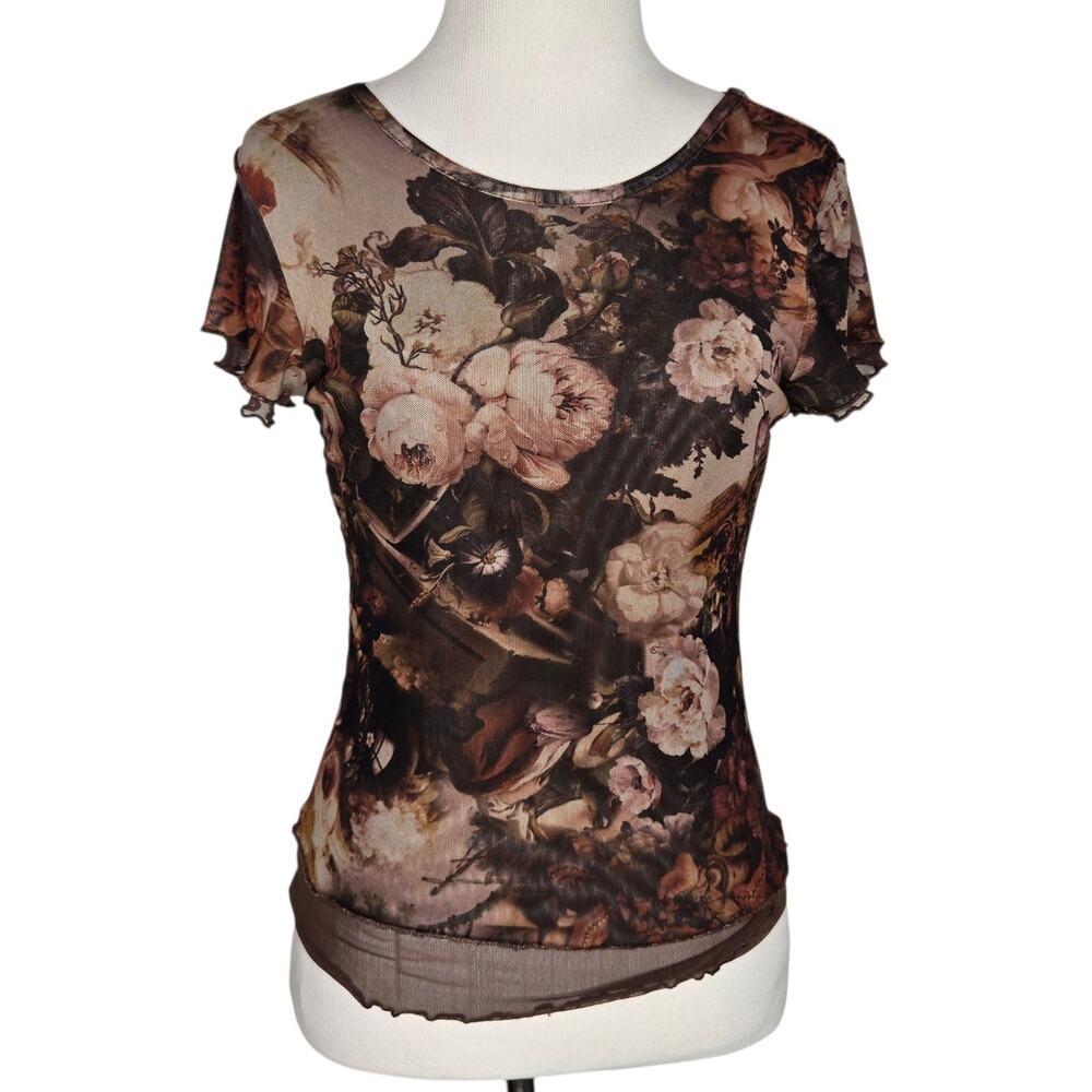 Fairy Grunge Women Dark Floral Mesh Shirt Lettuce Hem Layered Romantic Small